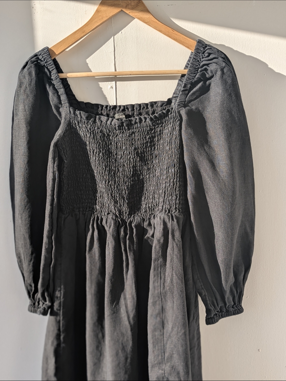J. Crew 100% Linen Daydream Puff Sleeve Smocked bodice Midi Dress Black Size XS - Picture 2 of 13
